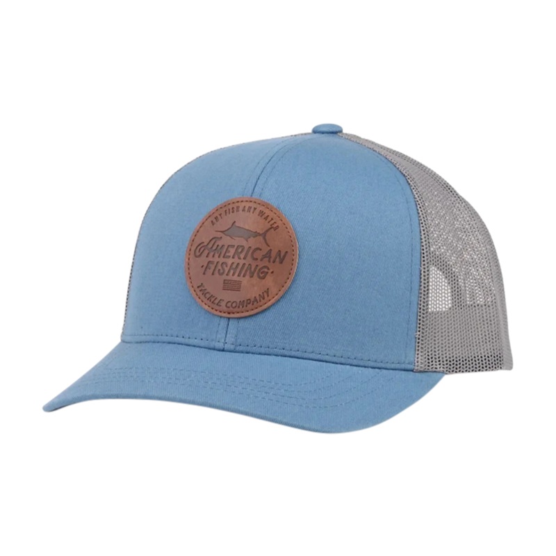 AFTCO Lemonade Leather Patch Trucker Hat Slate Blue