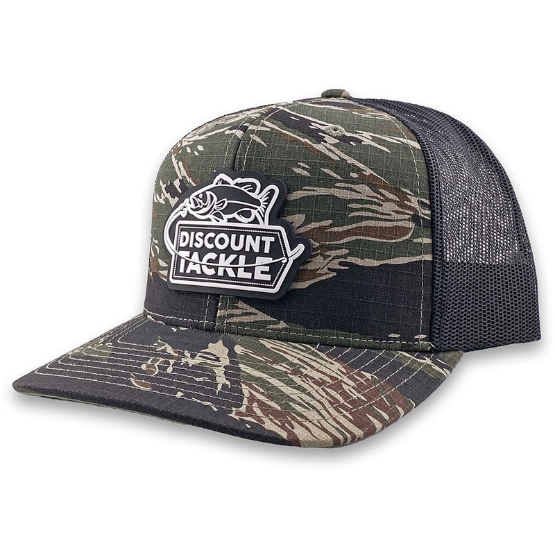 Discount Tackle 511 Patch Flat Bill Trucker Hat Tiger Camo & Black