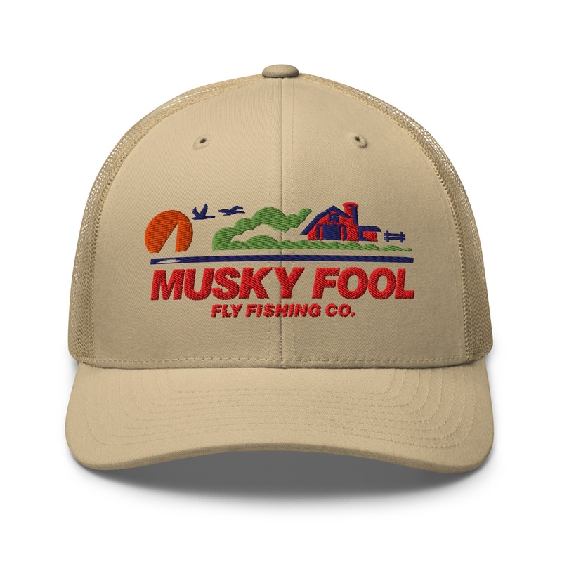 Musky Fool Wisconsin License Plate Trucker Hat Brown/ Khaki