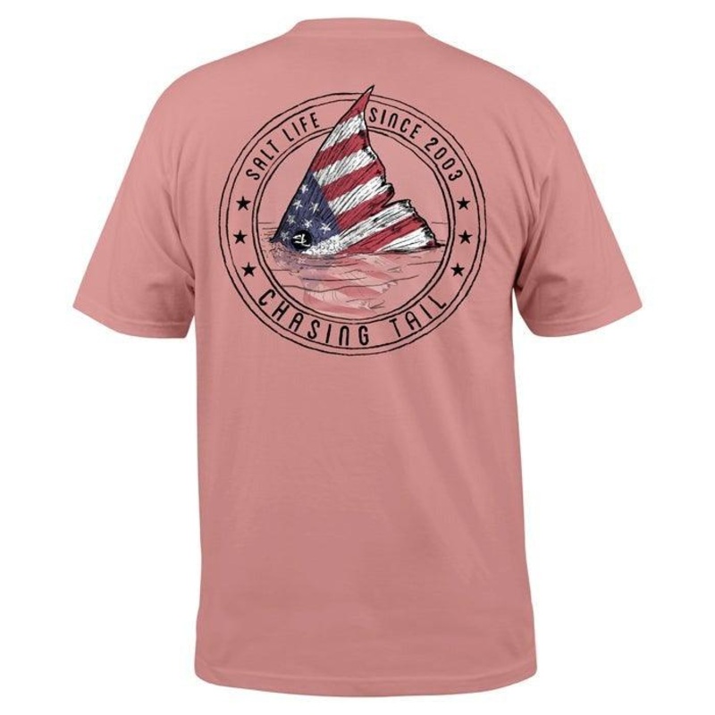 Salt Life Redfish Stars and Stripes Pink Clay Short Sleeve Pocket Tee Medium